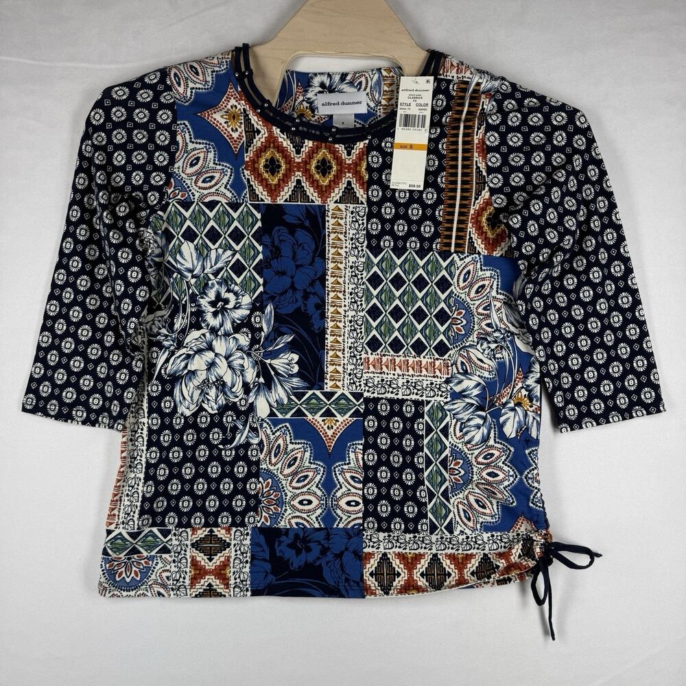 Alfred Dunner Women S NWT Blue Patchwork Print Top 3/4 Sleeve Side Tie